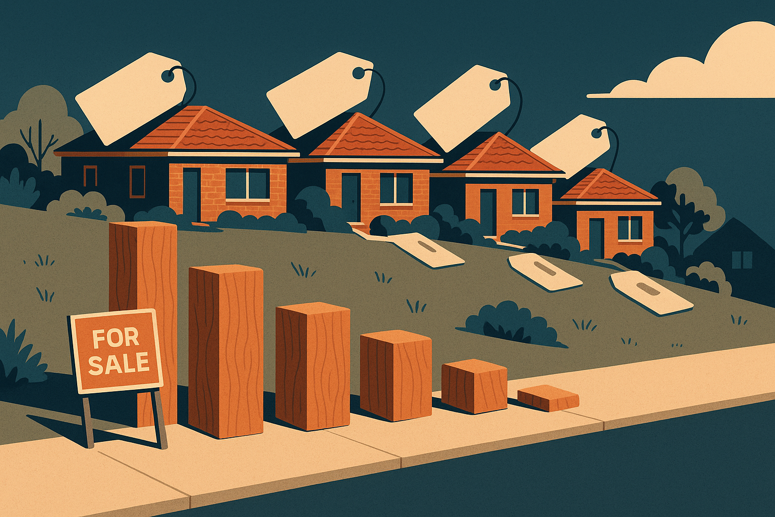 Editorial illustration of a suburban Australian street of brick-and-tile houses on a gentle hill, each rooftop resting on top of an oversized price tag that tilts under the weight. In the foreground, a giant bar chart made of physical timbe