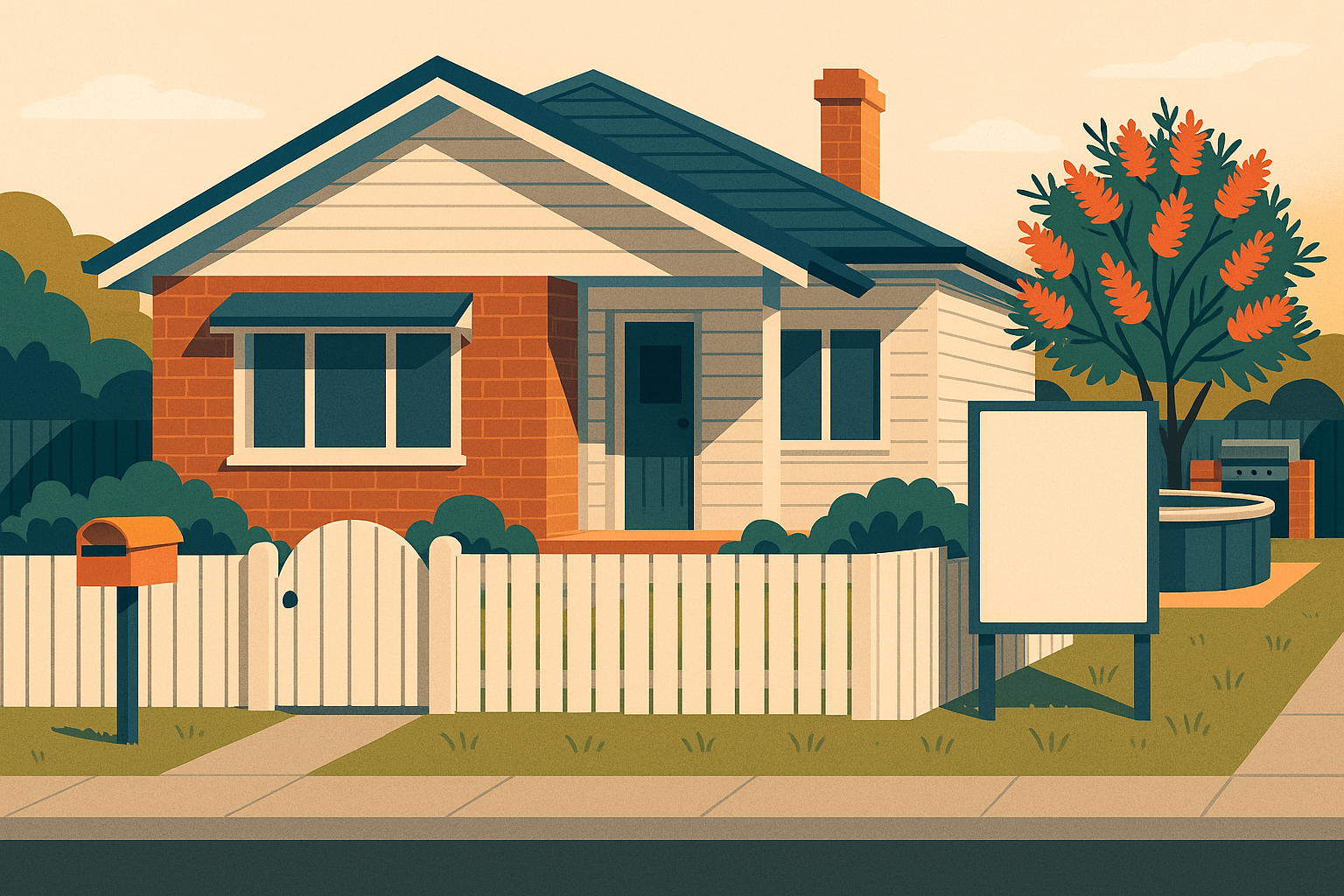 Editorial illustration of a suburban Australian brick-and-weatherboard house on a spring morning, freshly painted front fence and gate, new letterbox, mown lawn and flowering bottlebrush, a small above-ground plunge pool and built-in barbec