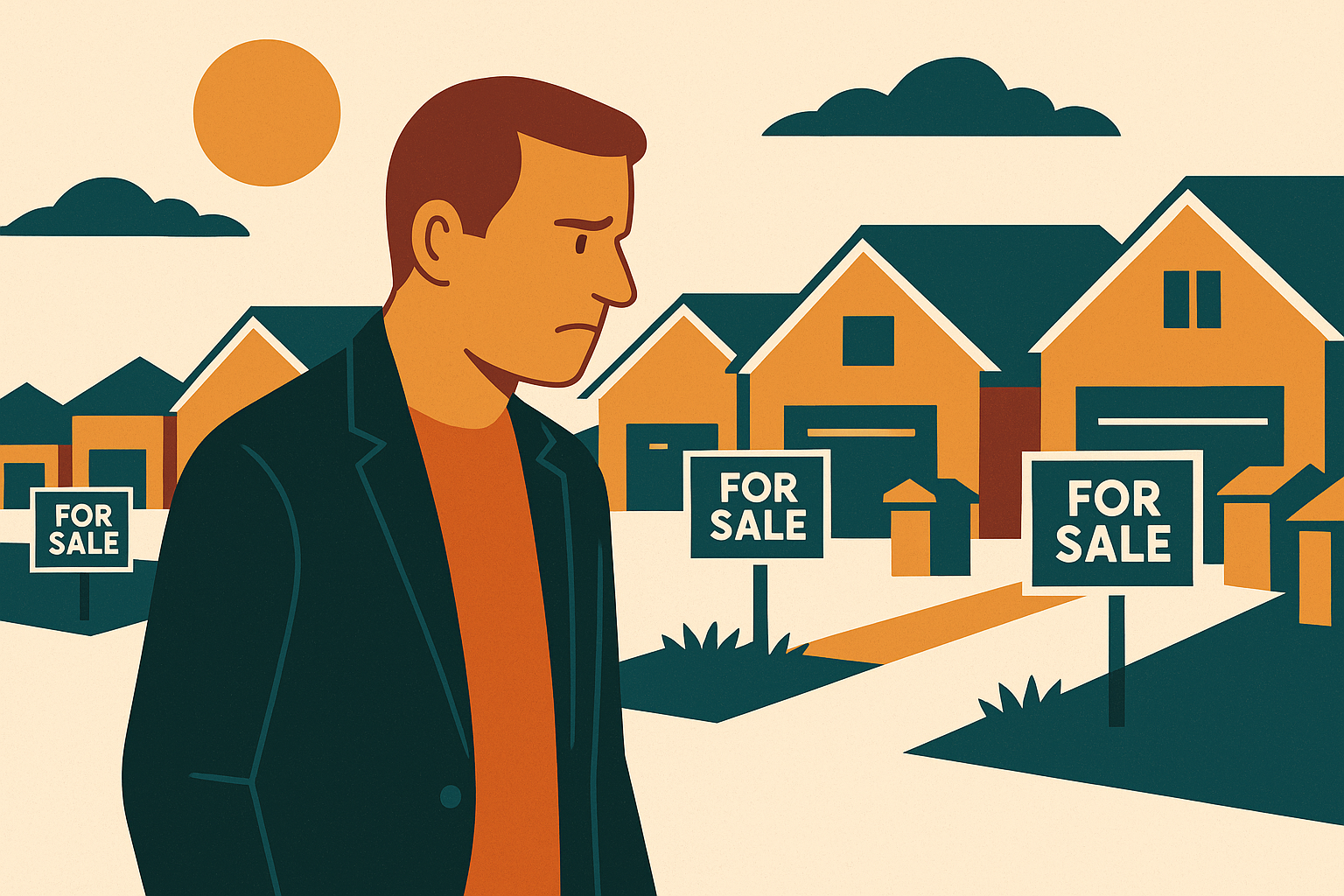 Editorial illustration for a property news story titled "Rents falling in outer-ring estates where investors own half the street". Summary: Alex Whitlock says he could not find a tenant for a new house on Melbourne's fringe and sold it, whi