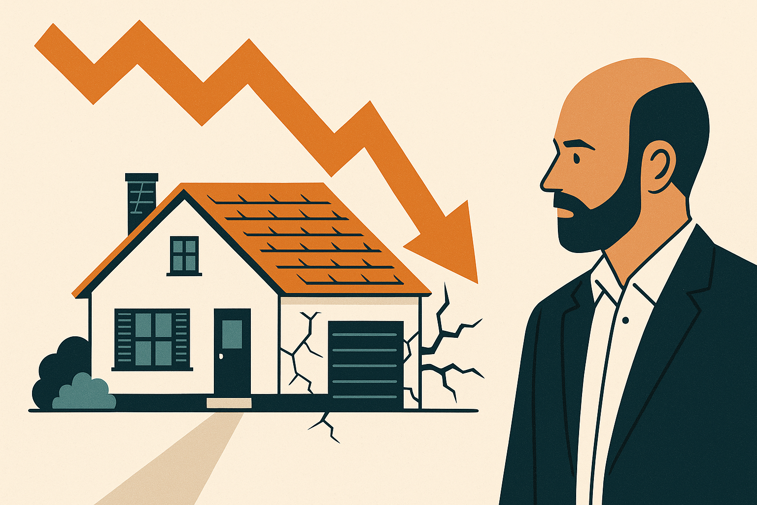 Editorial illustration for a property news story titled "Falling house prices will break aged care funding, Tarrant warns". Summary: Entry deposits of $600,000 to $800,000 are underwritten by the family home. Phil Tarrant says nobody in Can