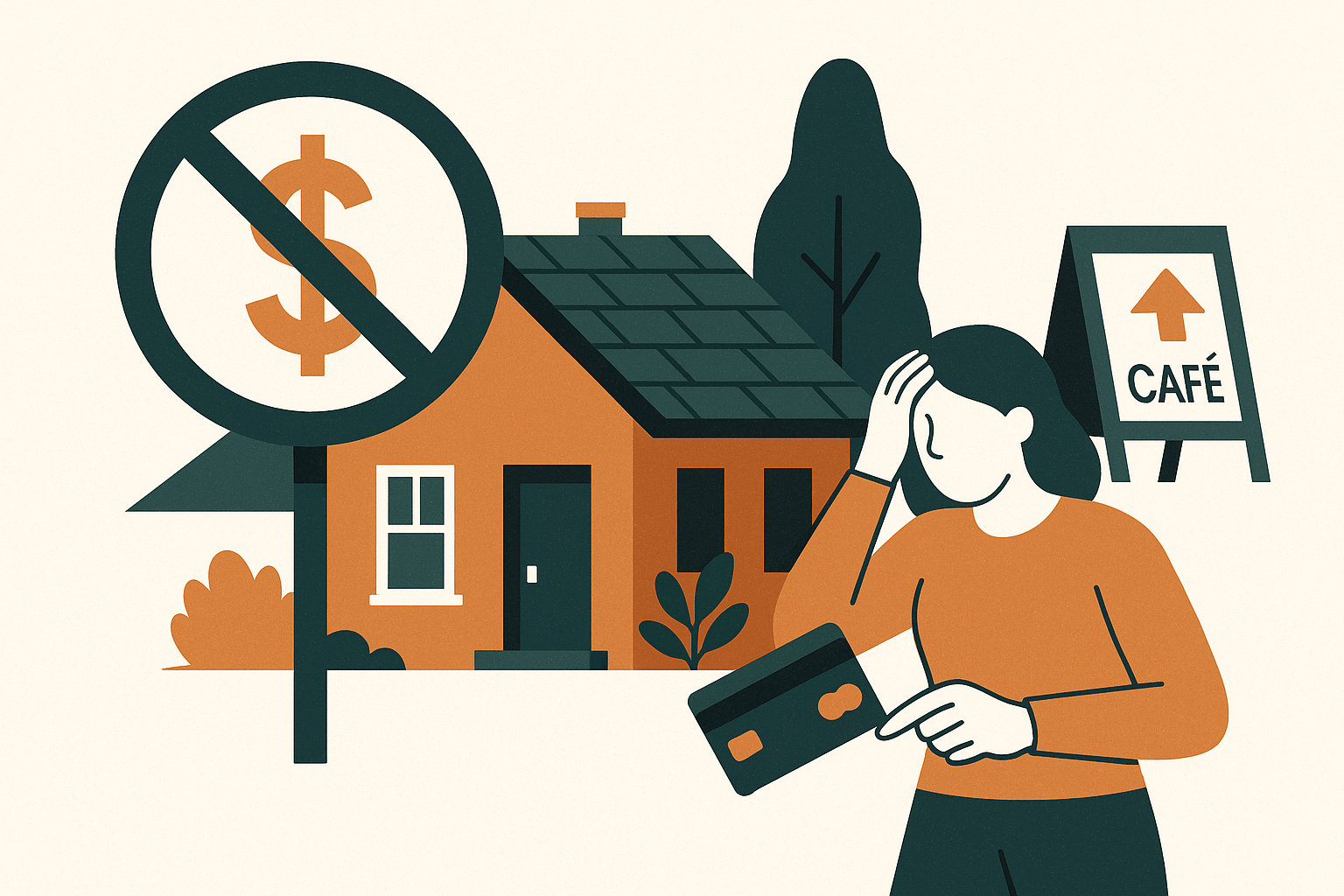 Editorial illustration for a property news story titled "Surcharge ban could push renters into arrears". Summary: Phil Tarrant says tenants who use credit cards to bridge a tight week may lose that option, while a Sydney cafe lifted prices